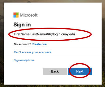 CUNY login example within the Microsoft Portal login